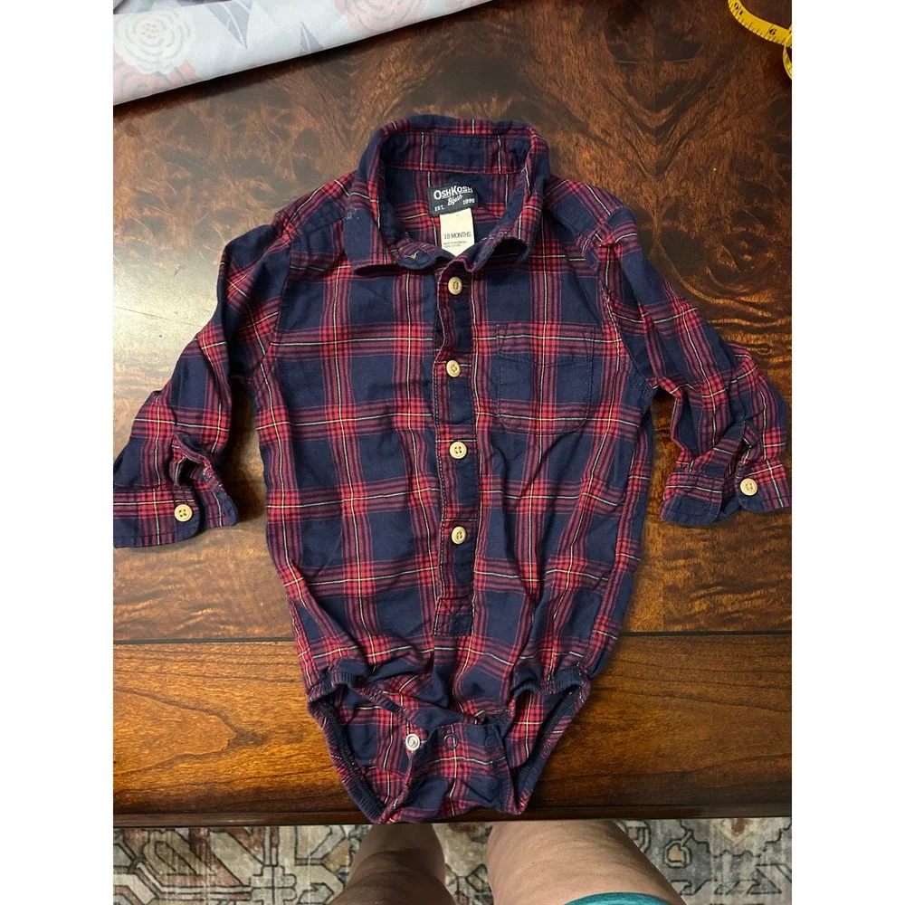 OshKosh Bgosh Baby Boys Navy Red Plaid Flannel Long Sleeve Bodysuit 18 Months